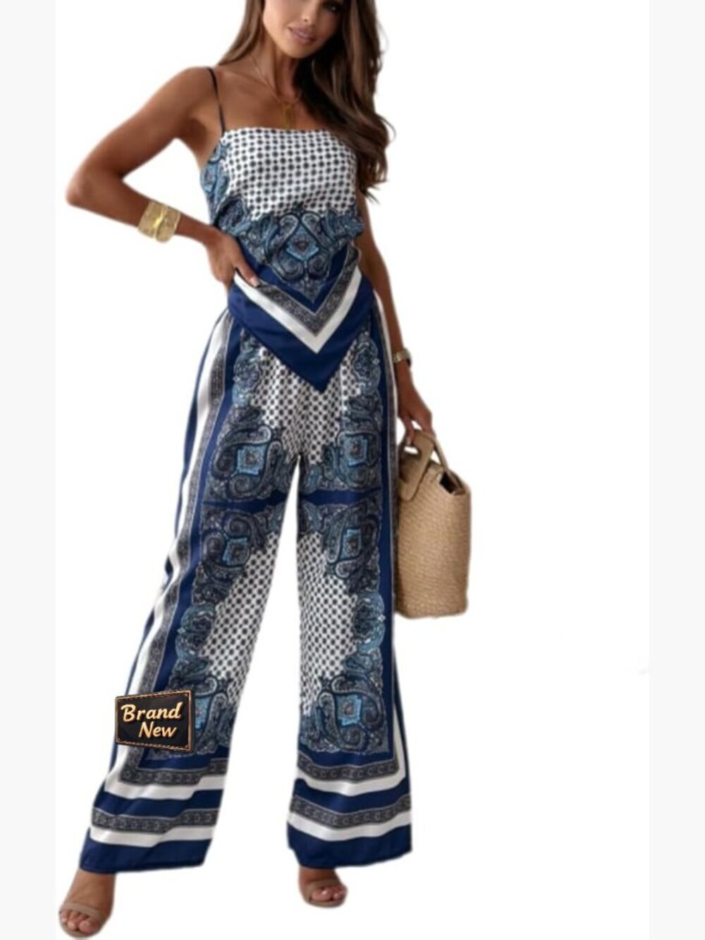 Boho Paisley Print 2 Piece Outfit Cami Top Wide Leg Pant Set